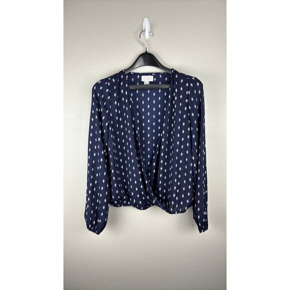 Vixbe Tops - Vixbe - Small - Navy Wrap Blouse: Chic V-Neck, Puff Sleeves, Diamond Pattern